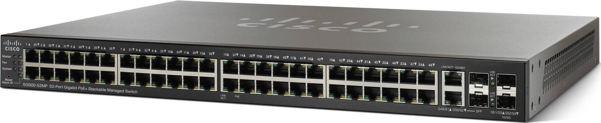 SWITCH CISCO SG500-52MP-K9 48-Ports Gigabit (2) 1G SFP or (2) RJ45, (2) 1G SFP POE+ 48 w/ Rkmnts